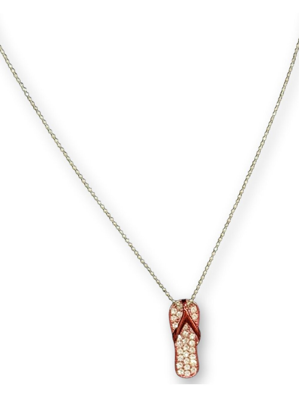 Silver Ball Chain Rhinestone Flip-Flop Pendant Pink Straps